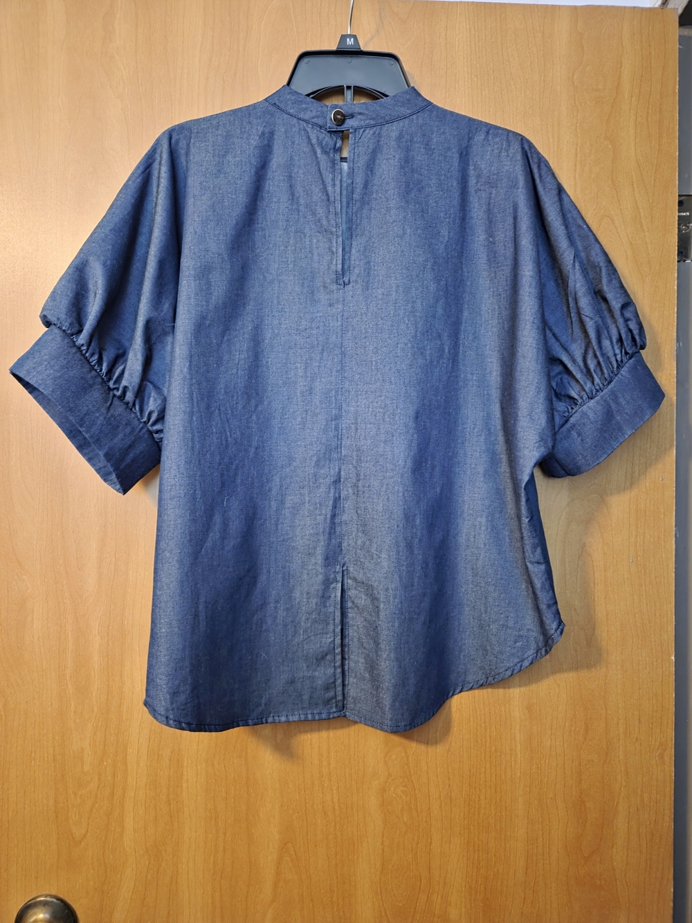 CQ by CQ Denim-Effect Embroidered Puff-Sleeve Blouse - Navy Size S Summer - Picture 6 of 7